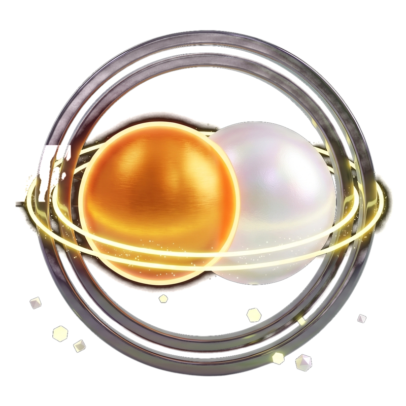 peers economy mark: an amber sphere and a pearl sphere inside chrome rings with a glowing orbit